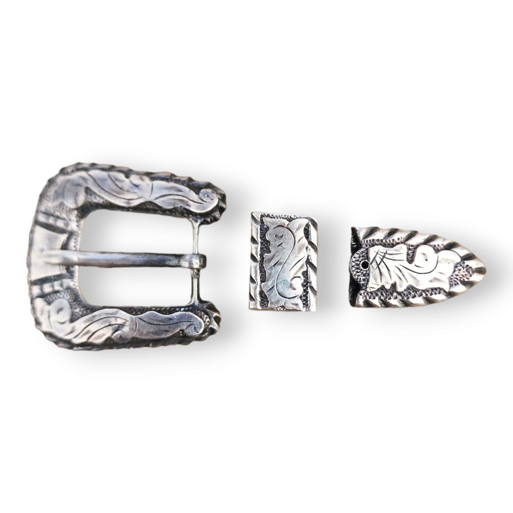 Vintage Mexico Ranger Belt Buckle Set Sterling Silver 925 Guadalajara Floral 3pc